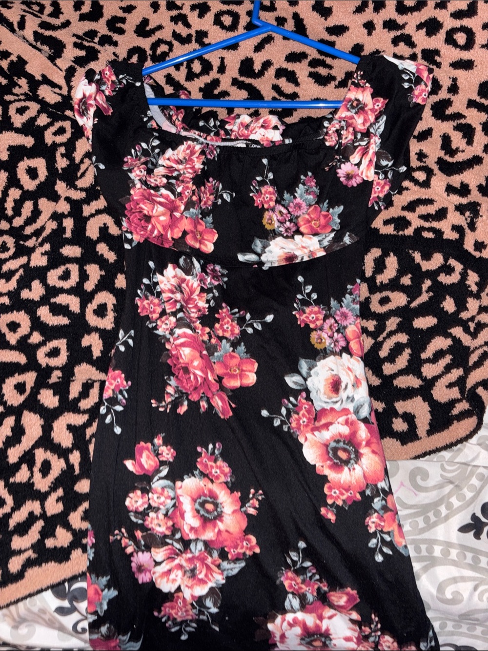 Black Floral Off-Shoulder Midi Dress with Pink Blooms